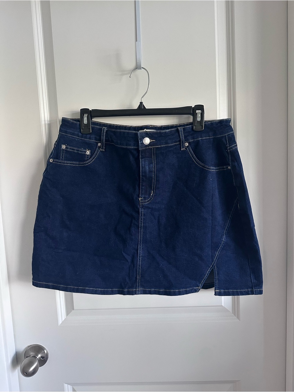 Dark Blue Denim Mini Skirt with Side Slit